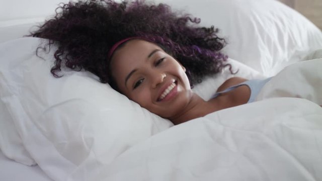 Beautiful Happy Hispanic Teen Waking Up And Smiling Slow Motion