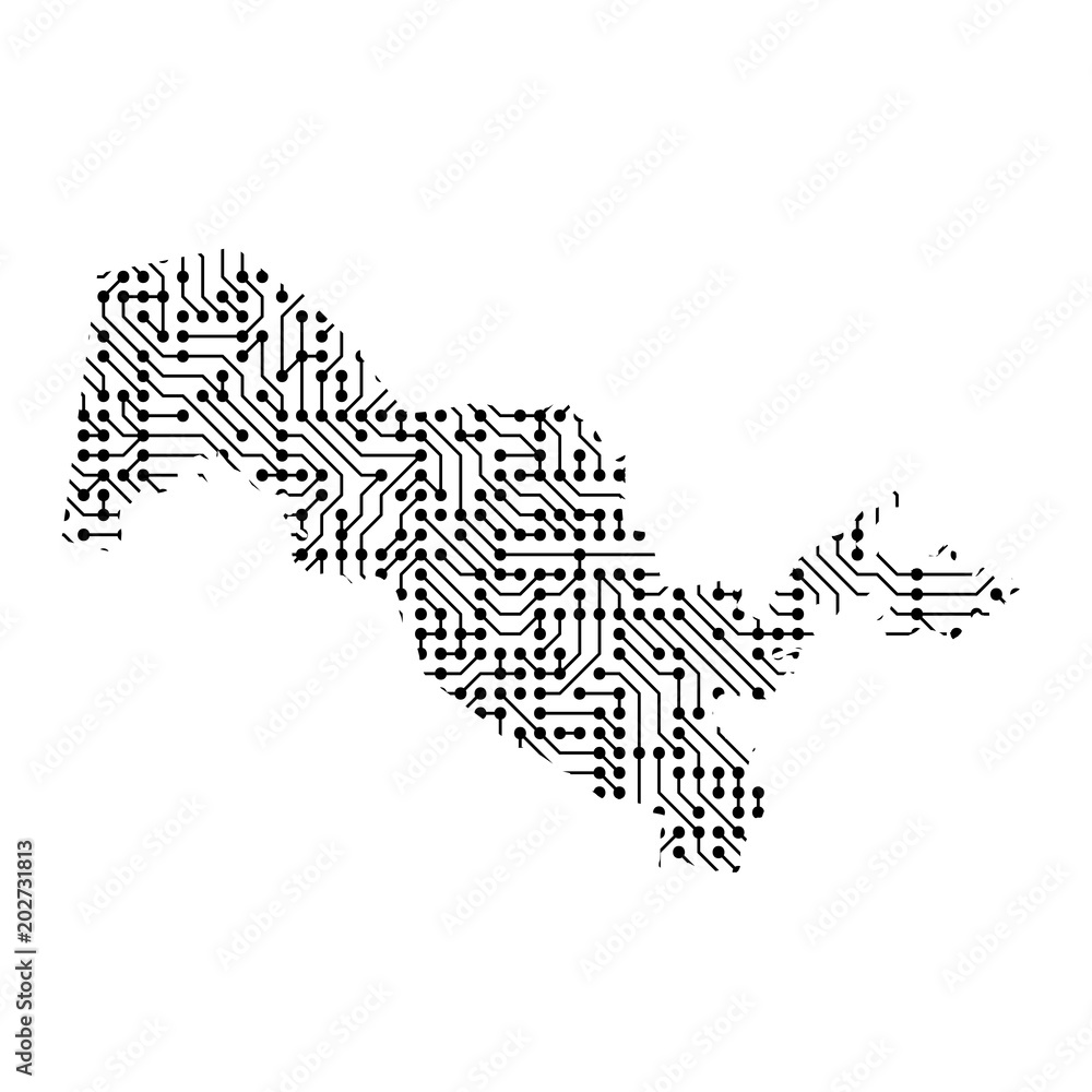 Poster abstract schematic map of uzbekistan from the black printed board, chip and radio component of vecto