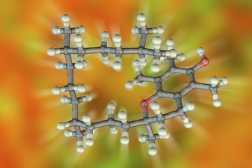 Molecular model of vitamin E, alpha-tocopherol, 3D illustration. A fat-soluble vitamin, it has...