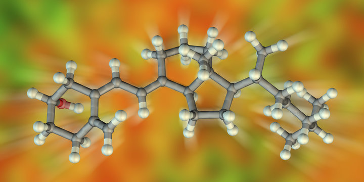 Molecular Model Of Vitamin D3, Cholecalciferol, 3D Illustration. A Water-soluble Vitamin, A Steroid Hormone, It Maintains Blood Calcium And Phosphorus Levels, And Also Mineralization Of Bone