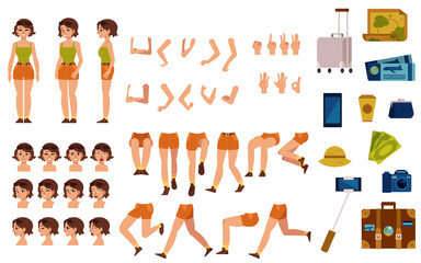 Female tourist creation set - girl in t-shirt and shorts with sunglasses. Various body parts, face emotions, hand gestures and travel accessories kit of flat woman traveller. Vector illustration.