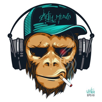 Music fan hipster monkey in headphone. DJ chimpanzee