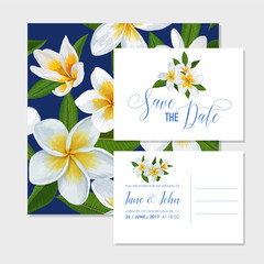 Wedding Invitation Template Set with Plumeria Flowers. Tropical Floral Save the Date Card. Exotic Flower Romantic Design for Greeting Postcard. Vector illustration