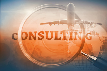Graphic airplane against magnifying glass showing consulting word