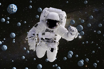 astronaut flying between abstract geometric objects with starry background 