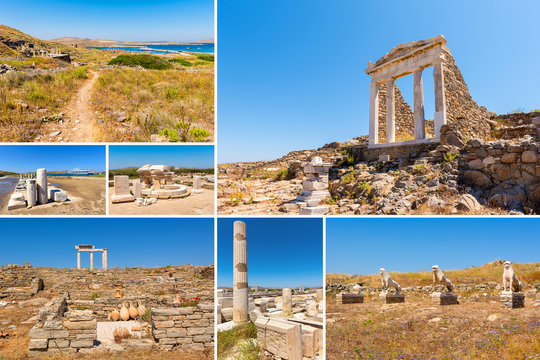 Collage of images from Delos island. The most big archaeological site of Cyclades archipelago. Greece.