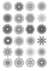 Mega set of vintage circle ornamental patterns composed of spiral shapes. Monoline design on white background. Oriental design elements