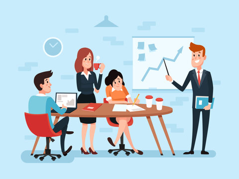 Office teamwork or business meeting. Busy corporate cartoon workers. Businessman and team works together, management vector concept