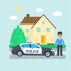 Police patrol on a road with police car, officer, house, nature