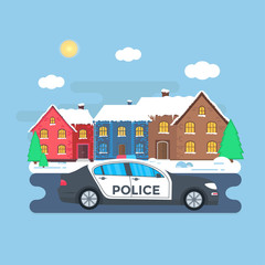 Obraz na płótnie Canvas Police patrol on a road with police car, officer, house, nature