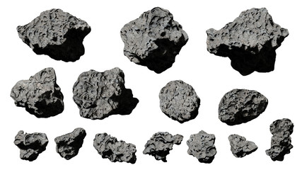 group of asteroids isolated on white background (3d rendering)