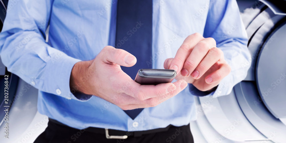 Poster close up of a businessman using a smartphone against cloud in a futuristic structure