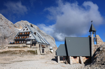 Kredarica mountain hut (2,515 m) at the foot of Mount Triglav (2,864 m) in the Julian Alps, Slovenia