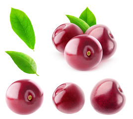 Isolated sweet cherries. Collection of cherry fruits without stems isolated on white background with clipping path
