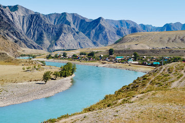 Fototapeta na wymiar Views of the Turquoise Katun river and the Altai mountains, Russia