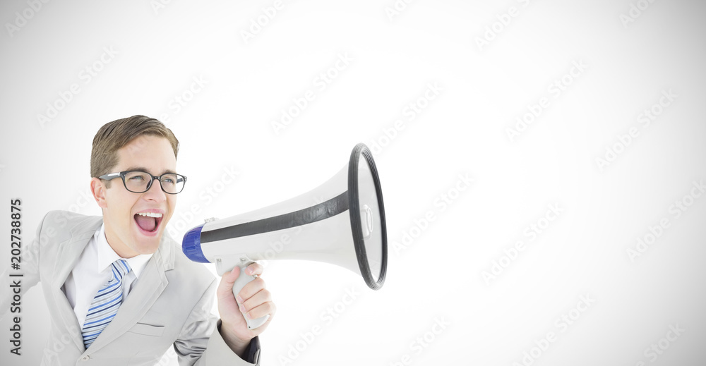 Poster geeky businessman shouting through megaphone against white background with vignette