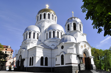 Fototapeta na wymiar Famous Alexander Nevsky orthodox church in Kamianets-Podilskyi, Ukraine