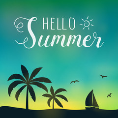 Fototapeta na wymiar Summer paradise with palm trees - colourful banner with typography. Vector.