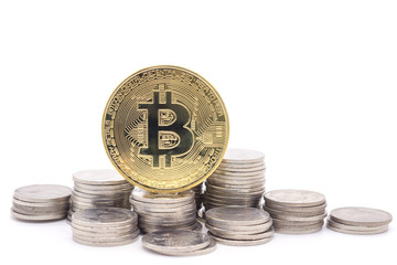 Bitcoin and coins on white background