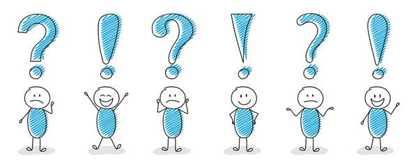 Question mark and exclamation point icons with hand drawn stickmen - big collection. Vector.
