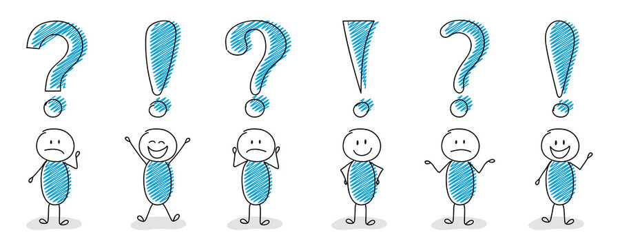 Question mark and exclamation point icons with hand drawn stickmen - big collection. Vector.