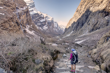 Trekker in the valley on the way to Annapurna base camp, Nepal