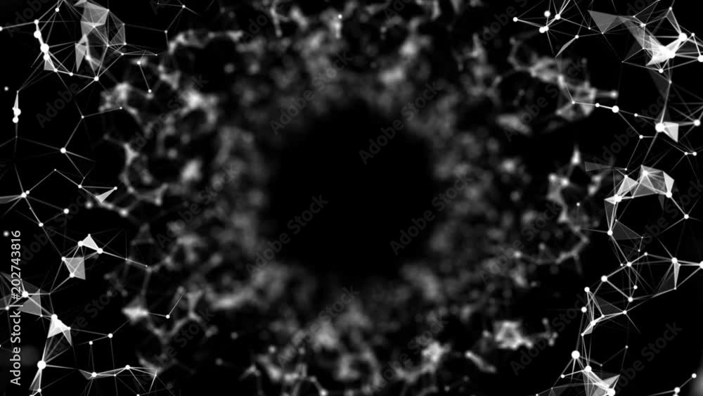 Poster a particle tunnel. plexus business cinematic background. depth of field. place for text. seamless lo