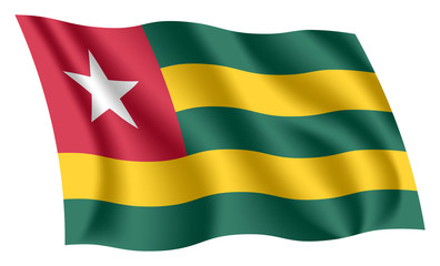 Togo flag. Isolated national flag of Togo. Waving flag of the Togolese Republic. Fluttering textile togolese flag.