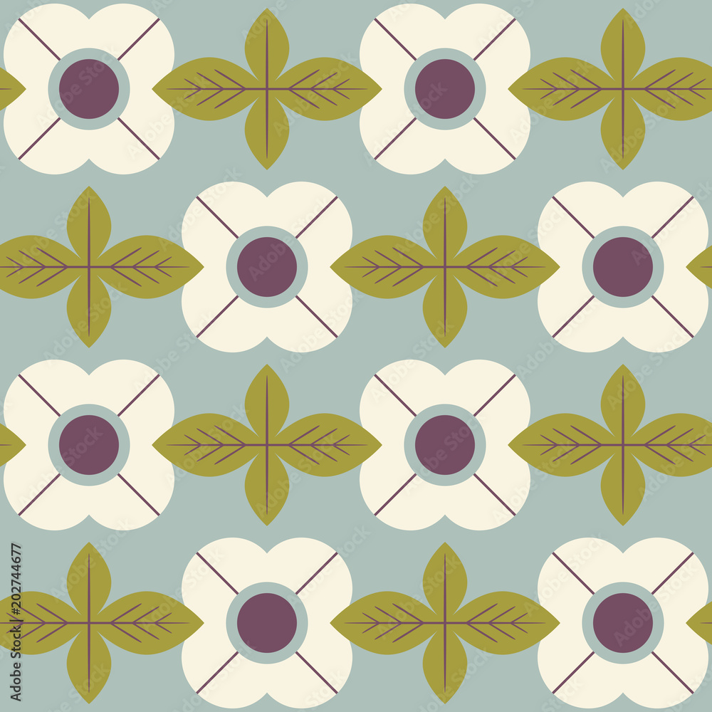 Poster seamless pattern with flowers and leaves in retro scandinavian style