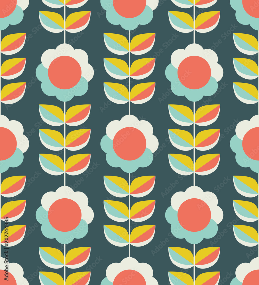 Poster seamless pattern with flowers and leaves in retro scandinavian style