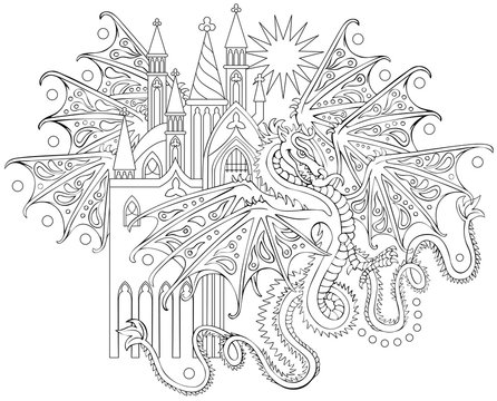 Black and white page for coloring. Fantasy drawing of flying dragon. Worksheet for children and adults. Vector image.