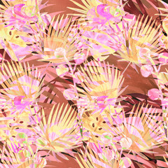 Modern Pink, Purple Retro Exotic Floral Watercolour Seamless Pattern. Female Fashion Fabric Texture, Monstera, Fan Leaves. Floral Watercolor Seamless Pattern Cool Tropical Background Prints.