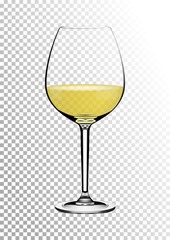 Transparent realistic vector wineglass full of white wine with bright saturated straw colored amber. Illustration in photorealistic style.