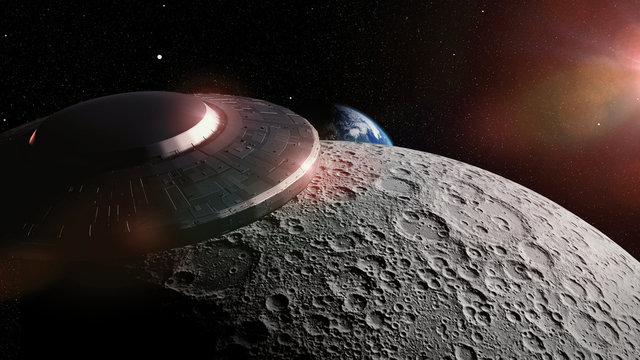 UFO, alien spaceship approaching planet Earth, flying saucer in Moon orbit