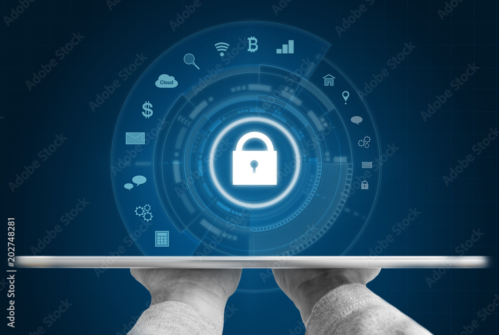 Poster cyber internet security system. hand holding digital tablet and security lock with applications icon