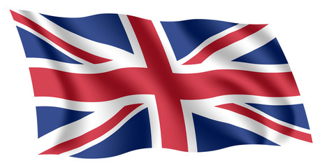 Britain flag. Isolated national flag of United Kingdom (UK). Waving flag of the United Kingdom of Great Britain and Northern Ireland. Fluttering textile british flag. Union Jack.
