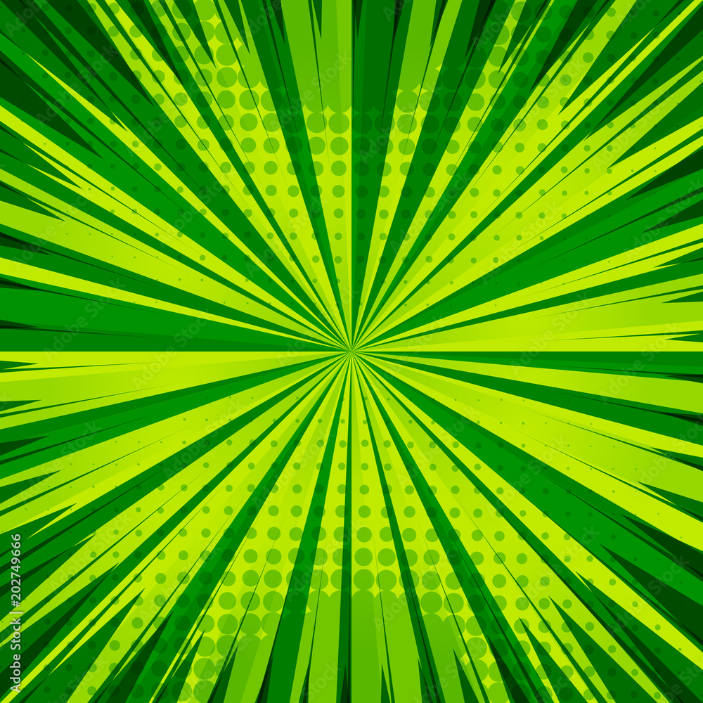 Poster abstract comic green background for style pop art design. retro burst template backdrop. light rays 