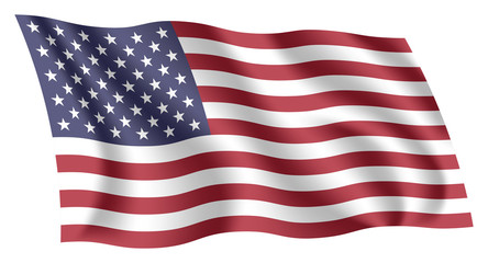 America flag. Isolated national flag of United States (US). Waving flag of the United States of America (USA). Fluttering textile american flag. The Stars and Stripes. Red, White, and Blue. Old Glory. - 202750031