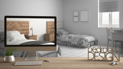 Architect designer project concept, wooden table with keys, 3D letters words bedroom design and desktop showing draft, blueprint CAD sketch in the background, white interior design