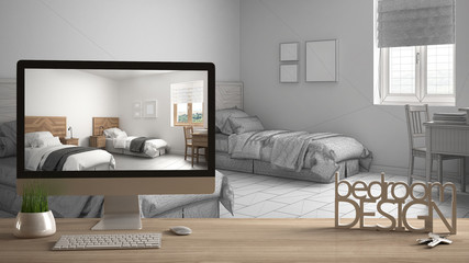 Architect designer project concept, wooden table with keys, 3D letters words bedroom design and desktop showing draft, blueprint CAD sketch in the background, white interior design