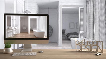 Architect designer project concept, wooden table with keys, 3D letters words bathroom design and desktop showing draft, blueprint CAD sketch in the background, white interior design