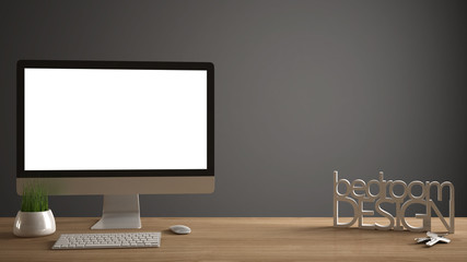 Desktop mockup, template, computer on wooden work desk with blank screen, house keys, 3D letters making the words bedroom design, dark copy space background