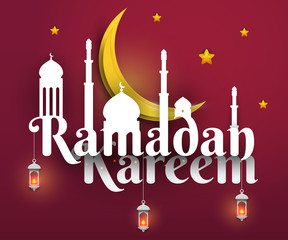 Ramadan kareem islamic beautiful design template. Mosque and inscription in paper cut style. Background for greeting card, banner, cover or poster. Vector illustration. EPS 10.