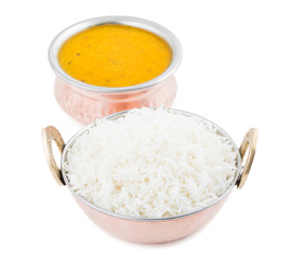 Indian Traditional Cuisine Dal Fry or Rice Also Know as Dal Chawal, Daal Chawal, Dal Rice, Whole Yellow Lentil with Rice or Dal Tadka, Daal Fry Served with Rice isolated on White Background