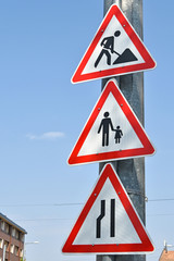 Road works and other signs on the street