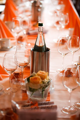 Glasses and plates on table in restaurant