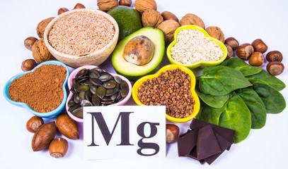 Products containing magnesium. Healthy food. White background.