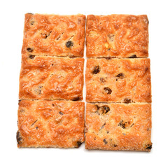Biscuits with raisins isolated on white background. Flat lay, top view