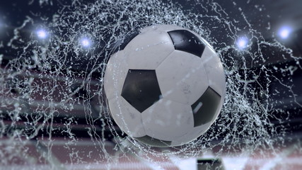 Naklejka premium Soccer ball flies emitting whirl of water drops, 3d illustration