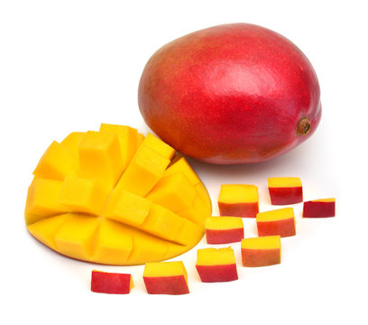 Mango fruit red whole and slices of cubes isolated on white background. Juicy